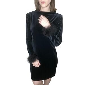 Vintage Black Velvet Feather Long Sleeved Cocktail Mini Dress Glam Witchcore 10